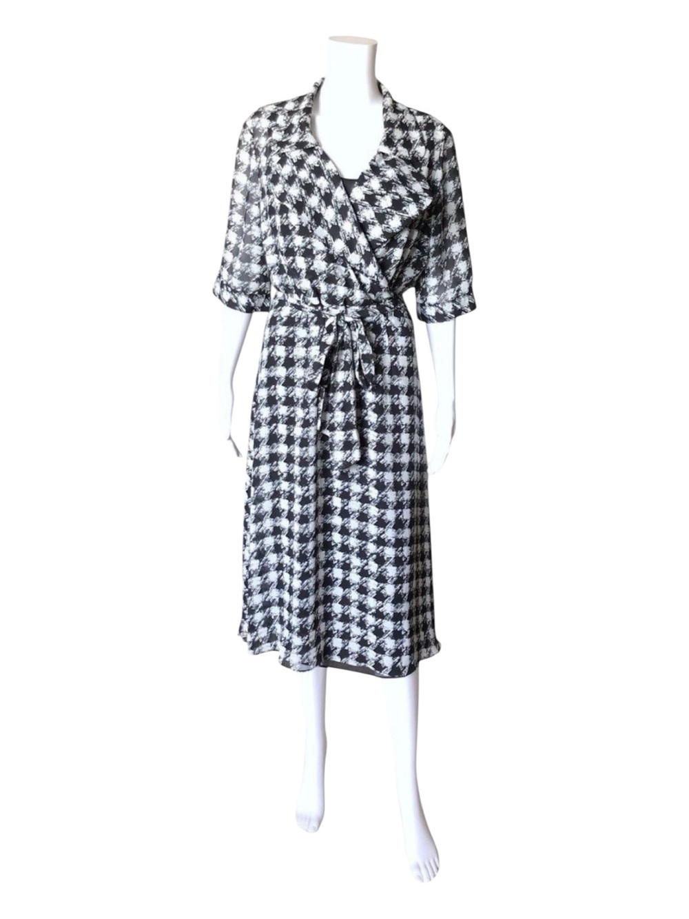 Emma James Dress Womens 12 Black White Houndstooth 2 Piece Midi Belted Sheer